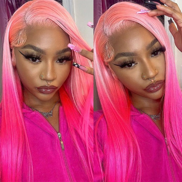 Ombre Pink Straight Human Hair Lace Front Wigs Preplucked with Natural Hairline
