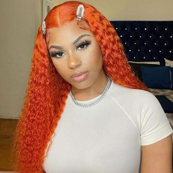 Orange Lace Front Wigs Preplucked Kinky Curly Human Hair Color Wigs