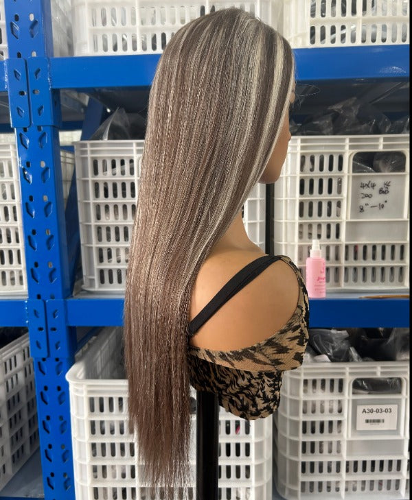 CLEARANCE | Glueless Straight Hair Ash Blonde Highlight Brown Wear Go Wig