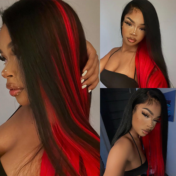 Straight Half Red and Half Black Color Wigs Preplucked Human Hair