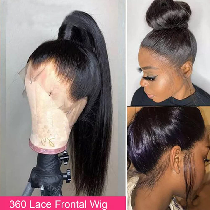360 Lace Wigs Straight Preplucked Human Hair Lace Front Wigs Natural Black