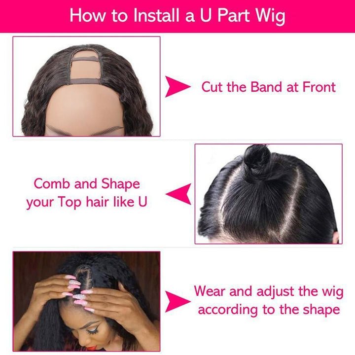 Kinky Curly U Part Human Hair Wig for Women, Brazilian Remy Human Hair Glueless 2x4 U Shape Clip in Half Wig - ORIGINAL QUEEN HAIR