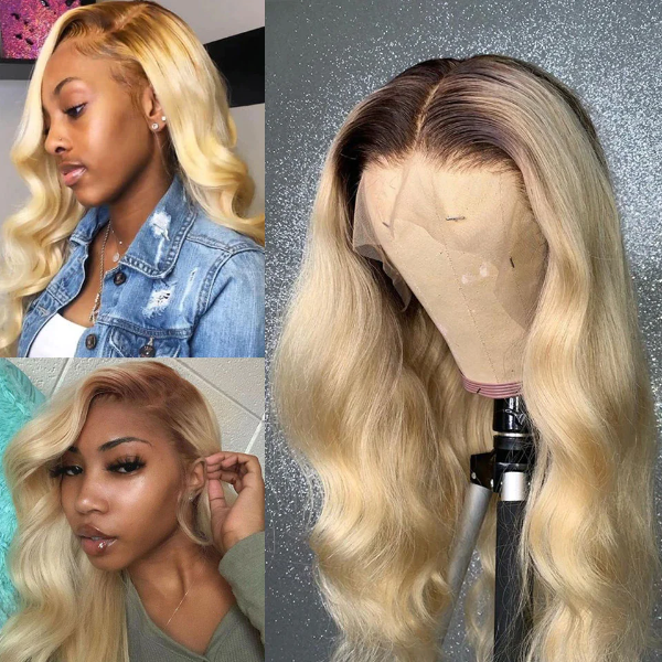 Ombre Blonde Hair With Brown Root Straight Hair #4/613 Colored 13x4 Human Hair Lace Front Wigs Pre Plucked Natural Hairline