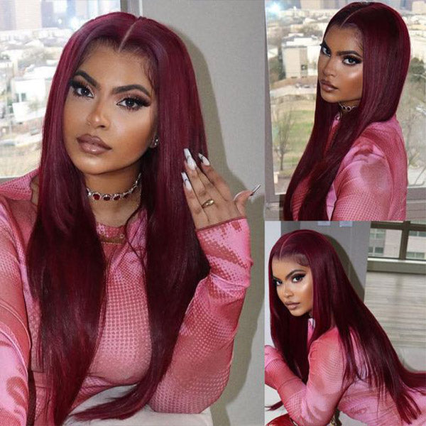 Straight Hair 99J Burgundy Color Glueless Wig HD Lace Wig