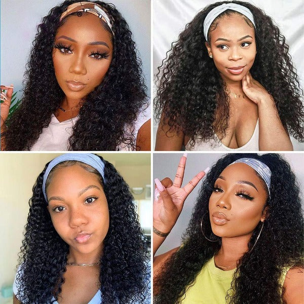 100% Human Hair Grip Headband Scarf Wig Water Wave Human Hair Wig 180% Density Curly No plucking wigs for Women No Glue No Sew In