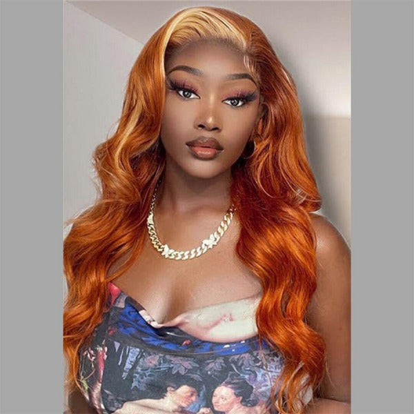 Ginger Orange With Blonde Streaks Color Body Wave Lace Front Wig