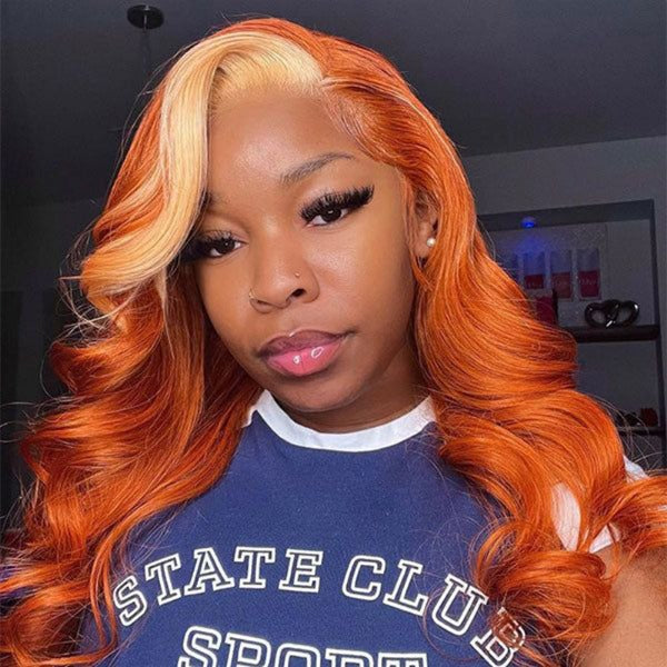 Ginger Orange With Blonde Streaks Color Body Wave Lace Front Wig