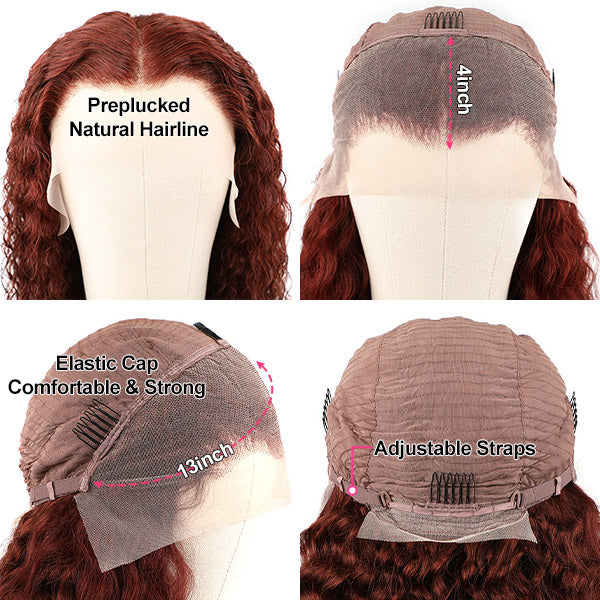 Autumn Vibe Reddish Brown Color Water Wave Human Hair 13x4