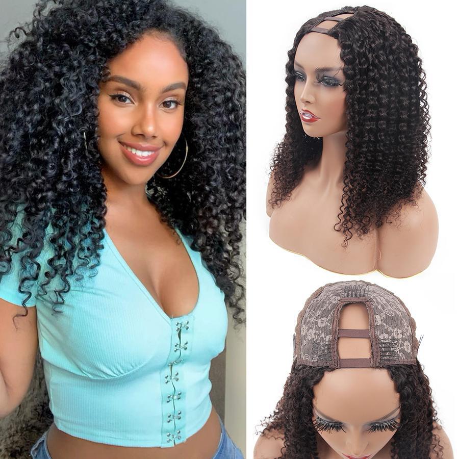 Kinky Curly U Part Human Hair Wig for Women, Brazilian Remy Human Hair Glueless 2x4 U Shape Clip in Half Wig - ORIGINAL QUEEN HAIR