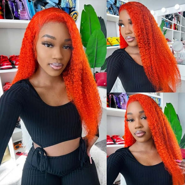 Orange Lace Front Wigs Preplucked Kinky Curly Human Hair Color Wigs