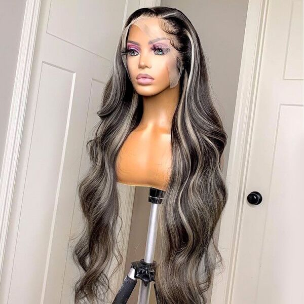 Platinum Blonde Human Hair Lace Front Wig Grey Highlight Wig