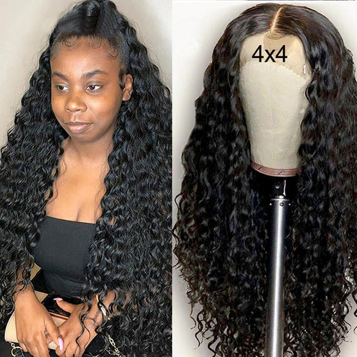 Deep Wave Human Hair 4x4 Lace Closure Wig Pre Plucked Remy Wigs with Baby Hair
