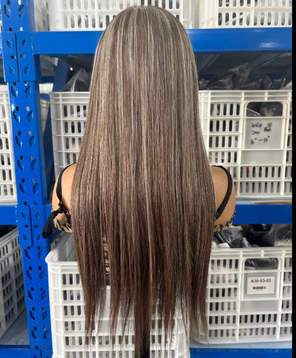 CLEARANCE | Glueless Straight Hair Ash Blonde Highlight Brown Wear Go Wig