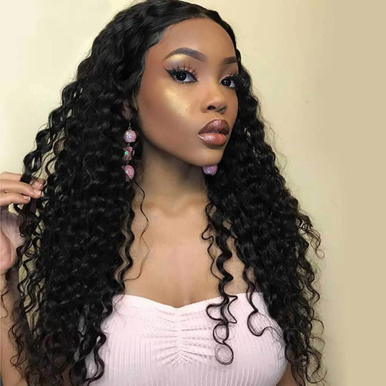 Deep Wave Human Hair 4x4 Lace Closure Wig Pre Plucked Bleached Knots ...