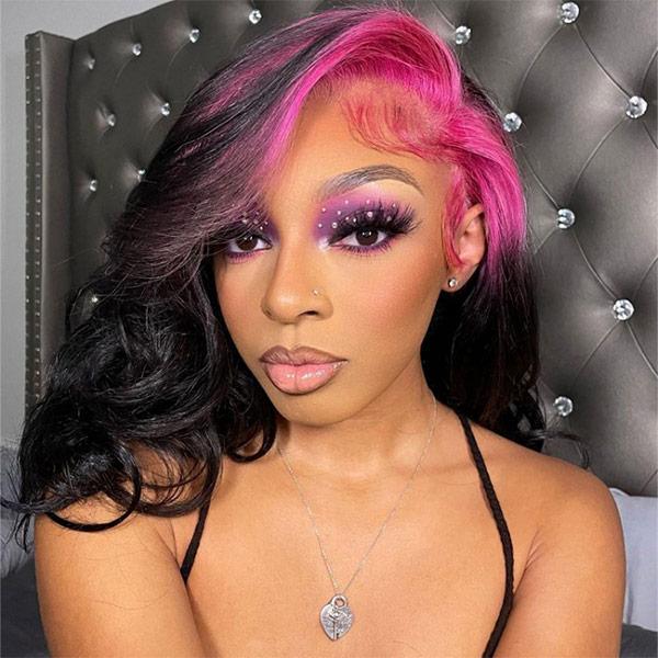 Pink/ Blue/ Green/ Red Roots Mix Black Ombre Color Body Wave13x4 Lace Front Wig Ombre Human Hair