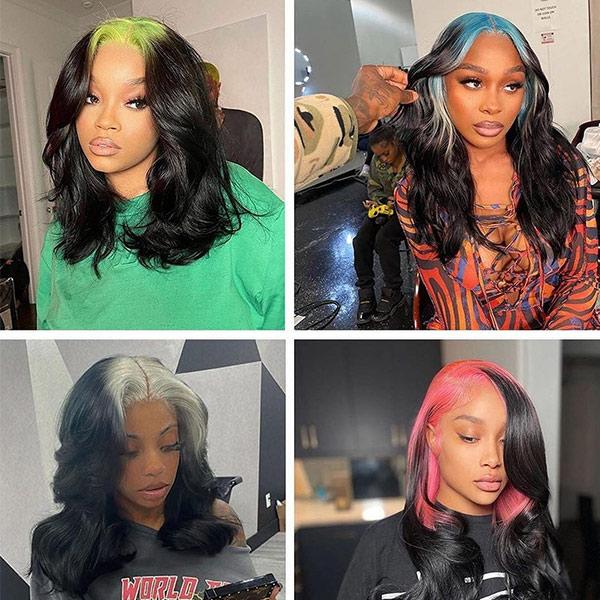 Pink/ Blue/ Green/ Red Roots Mix Black Ombre Color Body Wave13x4 Lace Front Wig Ombre Human Hair