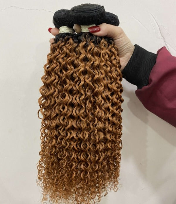 Human Hair 3 Bundles Kinky Curly 1B/ Brown Color Hair Weave 16 18 20