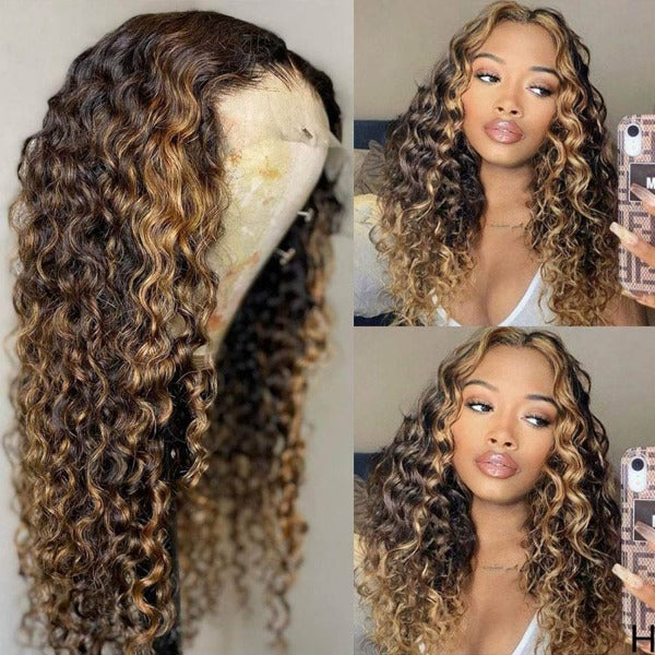Balayage Highlights 13x4 4x4 Lace Front Wigs Ombre Highlight Curly Honey Blonde Colored Human Hair Wigs - OQHAIR
