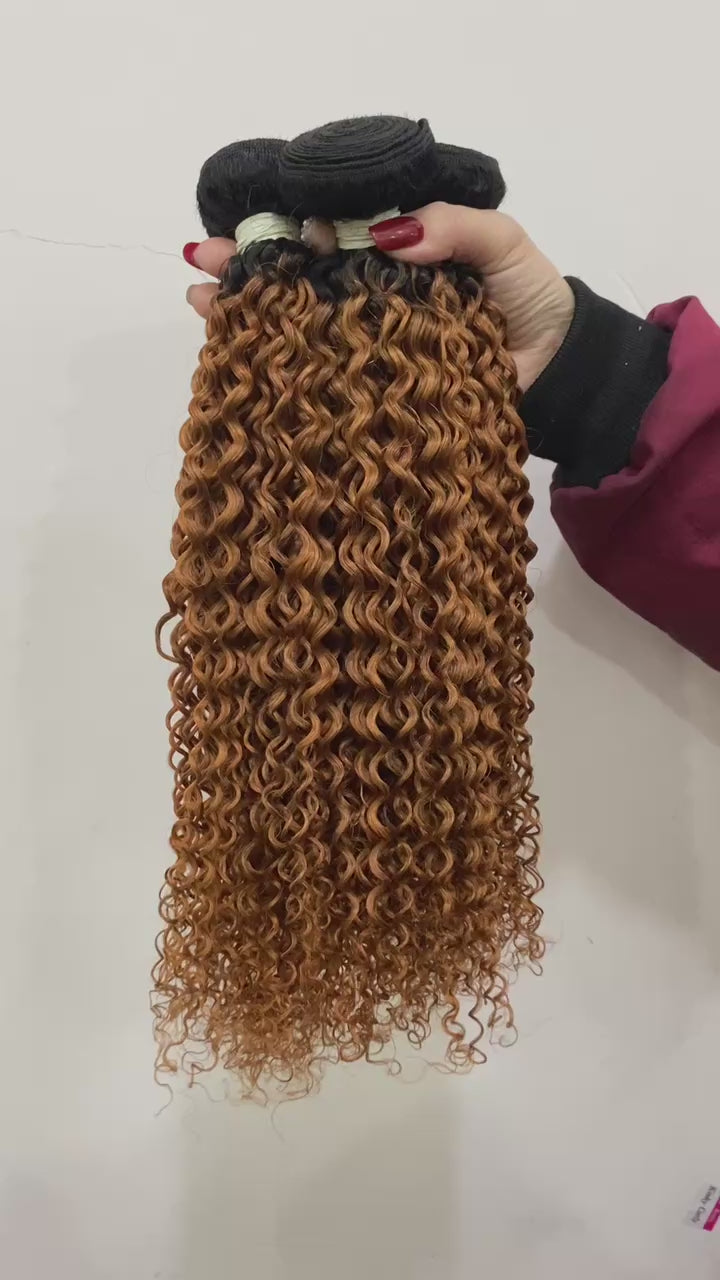 Human Hair 3 Bundles Kinky Curly 1B/ Brown Color Hair Weave 16 18 20