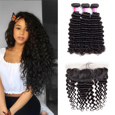 9A Deep Wave Human Hair 3 Bundles with 13*4 Lace Frontal Natural Black -OQHAIR - ORIGINAL QUEEN HAIR