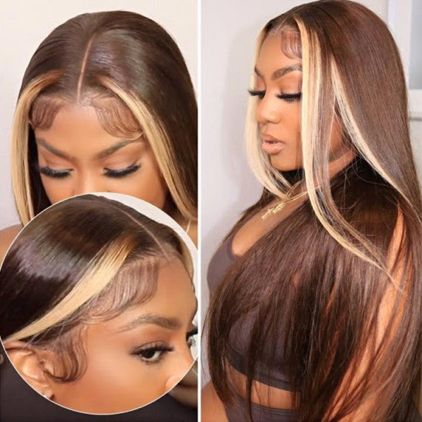 Honey Blonde and Brown Streaks Highlight Wigs Straight 13x4 Lace Front Wig