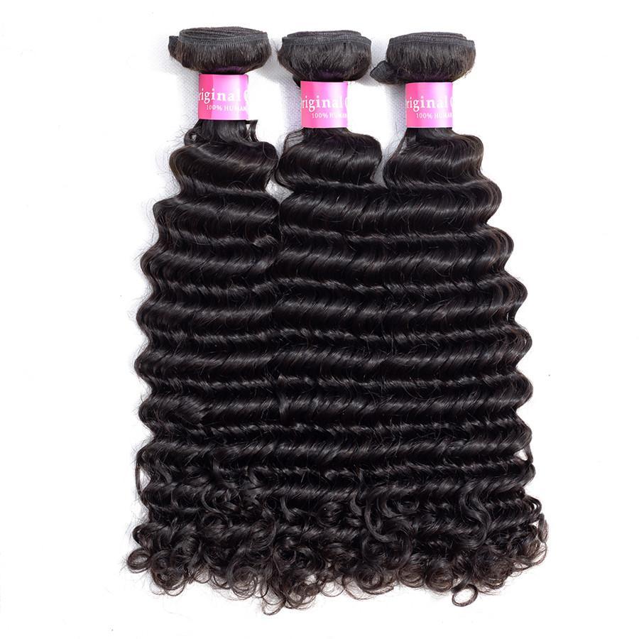 9A Deep Wave Human Hair 3 Bundles with 13*4 Lace Frontal Natural Black -OQHAIR - ORIGINAL QUEEN HAIR