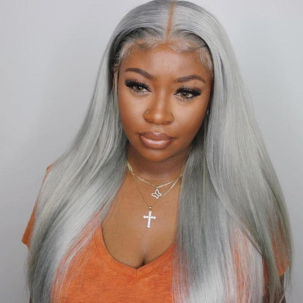 Silver Gray Colored Lace Front Wigs Brazilian Straight Human