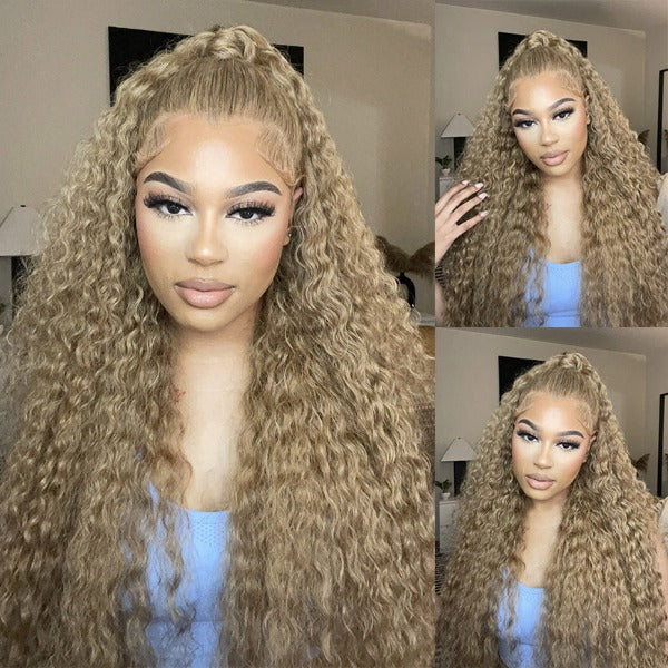 Honey Blonde Human Hair Lace Front Wigs Deep Curly Color Hair Wig