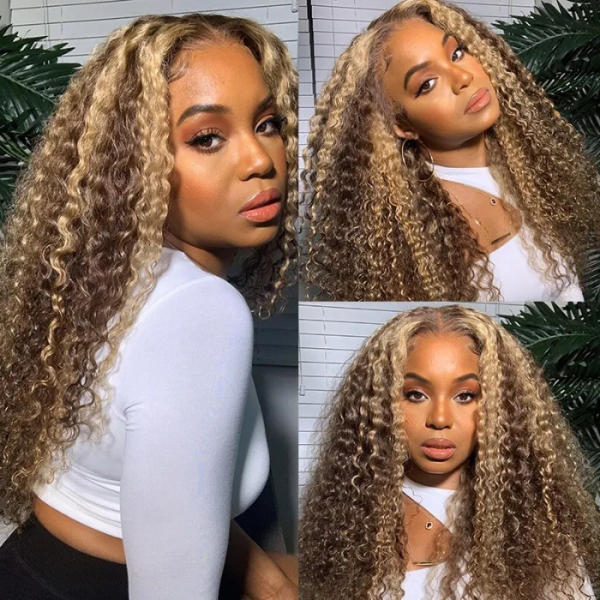 Balayage Highlights 13x4 4x4 Lace Front Wigs Ombre Highlight Curly Honey Blonde Colored Human Hair Wigs - OQHAIR
