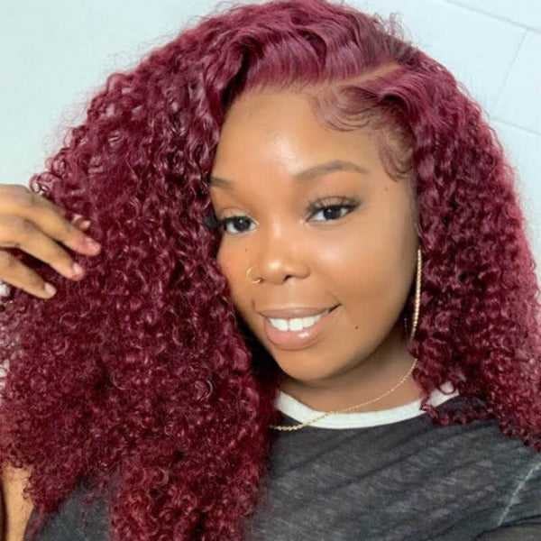 99J Burgundy Color Kinky Curly Human Virgin Hair Undectedable 13x4 4X4 Lace Front Wigs -OQHAIR