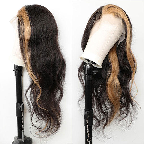 Skunk Stripe Honey Blonde & Black Color Human Hair Lace Front Wigs Body Wave Straight 13x4 Lace Front Wigs
