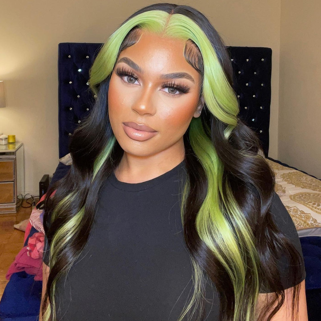 Skunk Stripe Green/ Red & Black Color Body Wave 13x4 Lace Frontal Wigs For Women