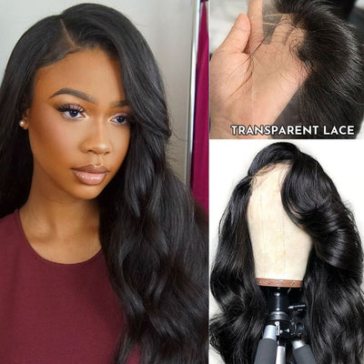 13X6 Undetectable Transparent Lace Body Wave Indian Human Hair Lace Front Wigs with Pre Plucked Baby Hair Natural Black - OQHAIR