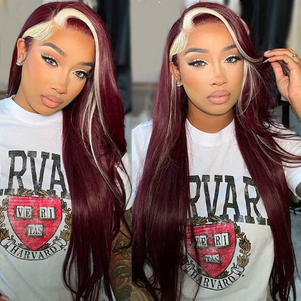 Red Wine and Blonde Skunk Stripe Color Wig Straight 13x4 Lace Front Wig