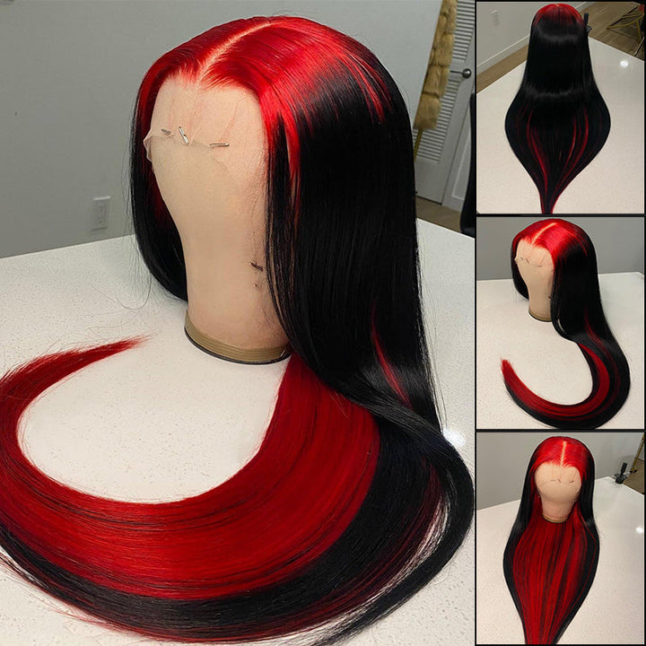Straight Red and Black Color Wigs Preplucked Human Hair Lace Front